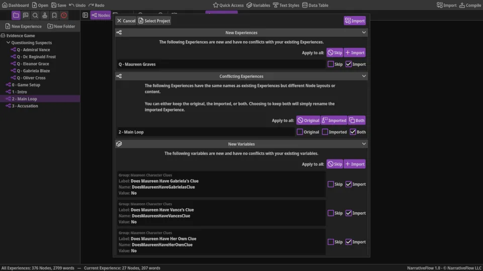 Screenshot of the Script View of NarrativeFlow that allows easy editing and reviewing of your narrative in a document-like format