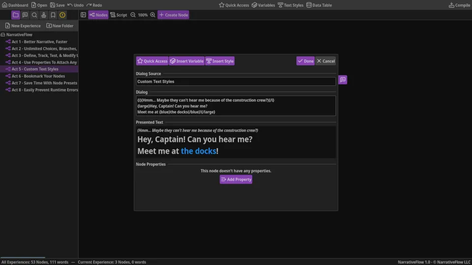 Screenshot showing how NarrativeFlow can give you a representation of your custom text styles