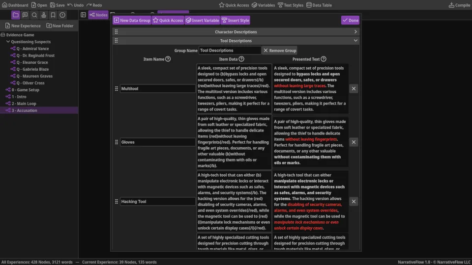Screenshot of the Data Table where all non-flow based narrative content is entered
