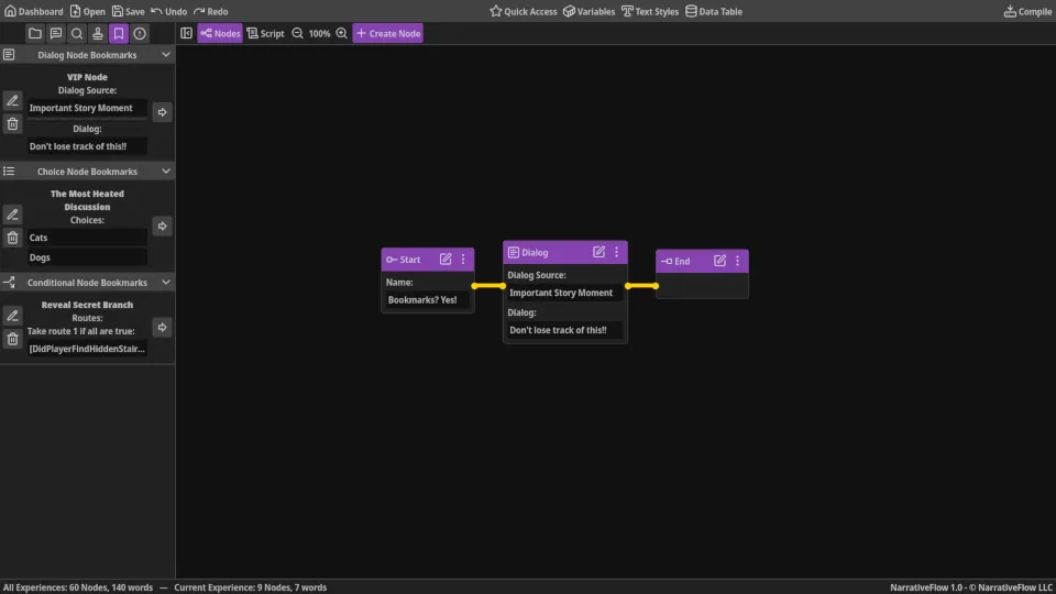 Screenshot of Node bookmarks that allow the user to quickly go to important Nodes