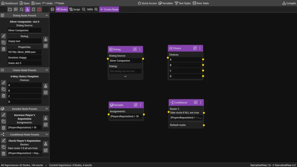Screenshot of Node presets that allow the user to create 'templates' of Nodes