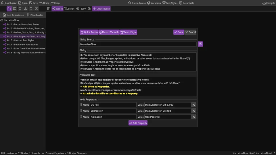 Screenshot showing how to easily associate data and attributes with individual narrative pieces as Properties