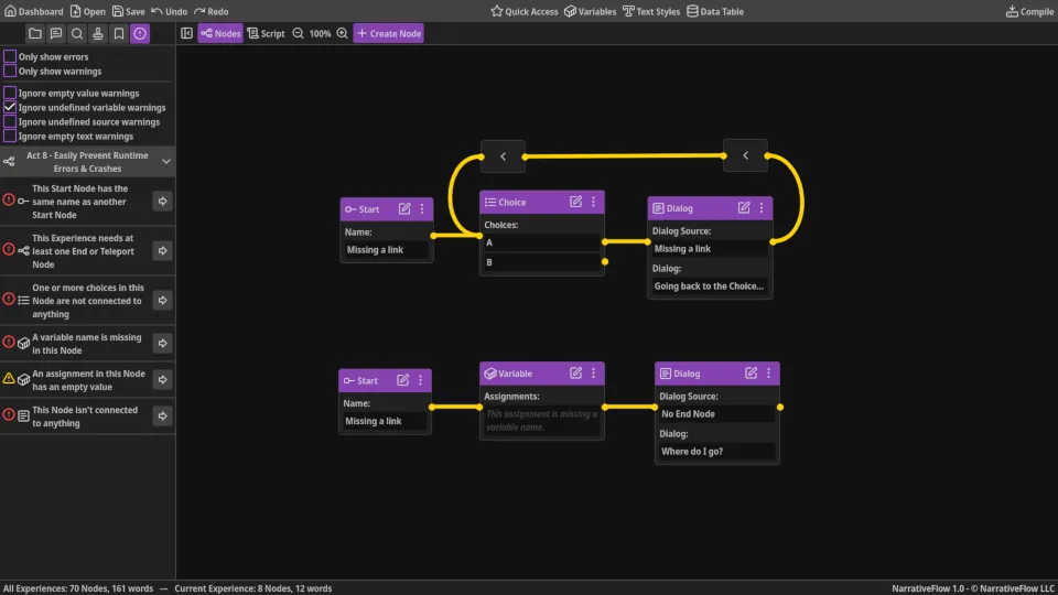 Screenshot showing how NarrativeFlow automatically looks for potential logic or content problems for you