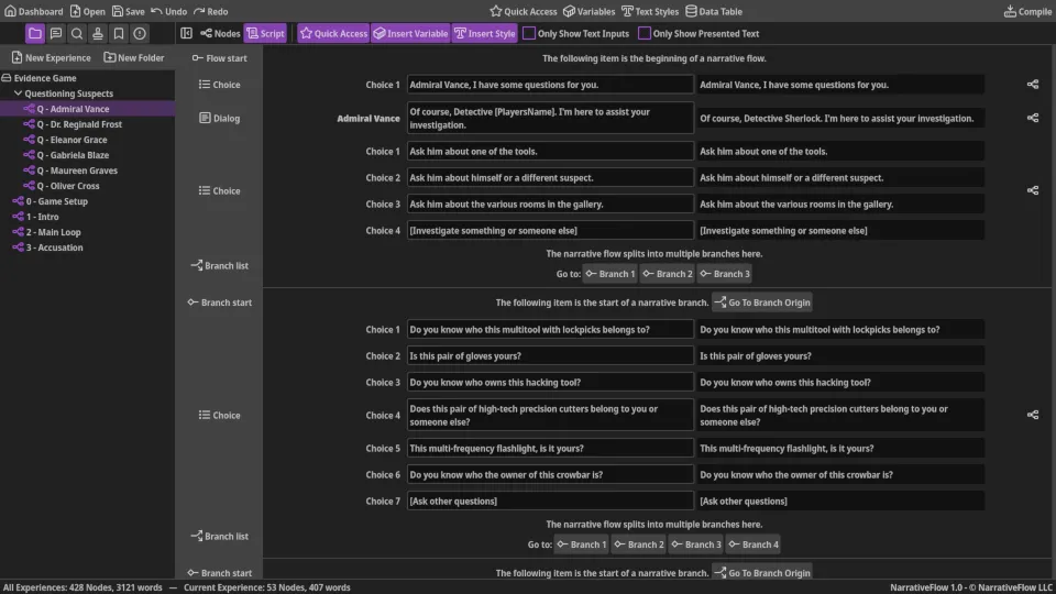 Screenshot of the Script View of NarrativeFlow that allows easy editing and reviewing of your narrative in a document-like format