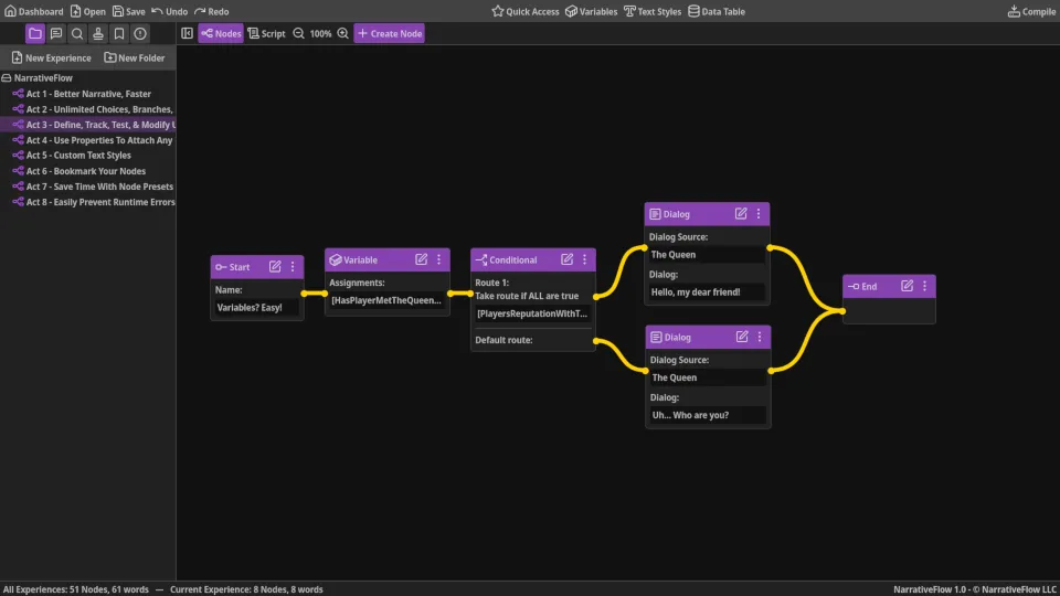 Screenshot showing how narrative variables can be used in NarrativeFlow